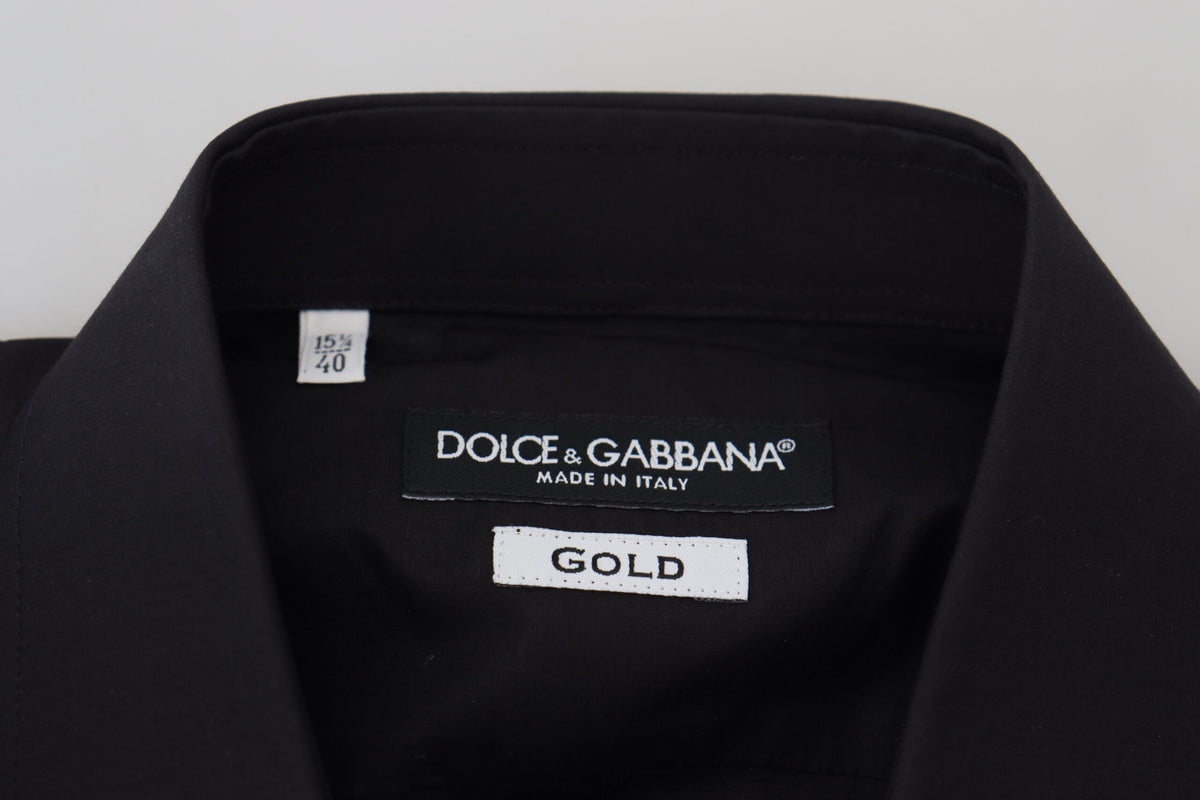 Dolce & Gabbana black long sleeve shirt with gold floral embroidery for men, stylish and elegant fashion piece.