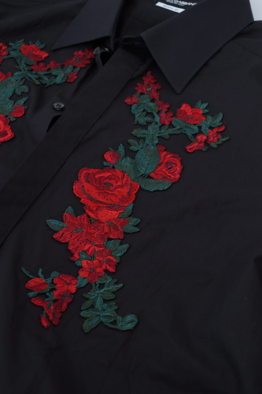 Dolce & Gabbana black long sleeve shirt with gold floral embroidery for men, stylish and elegant fashion piece.