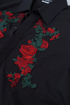 Dolce & Gabbana black long sleeve shirt with gold floral embroidery for men, stylish and elegant fashion piece.
