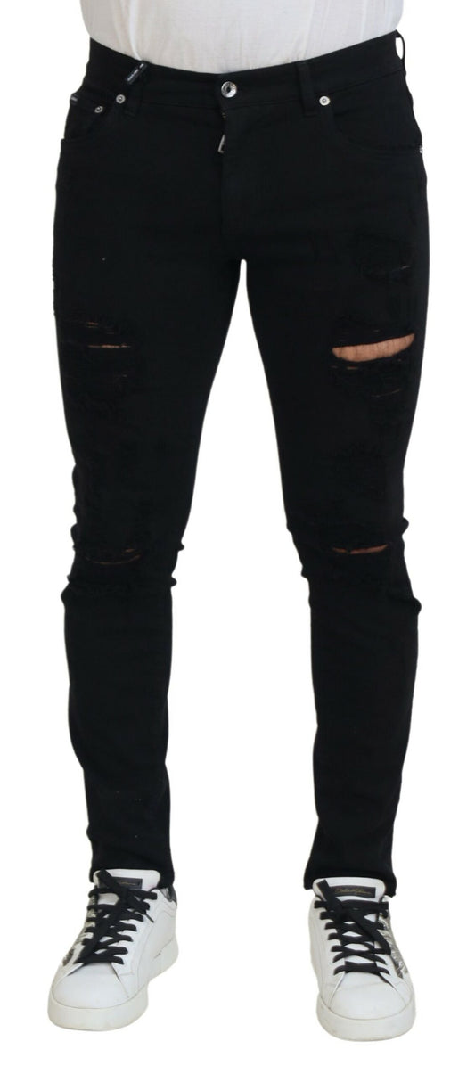 Dolce & Gabbana Black Slim Fit Tattered Denim Cotton Jeans Dolce & Gabbana