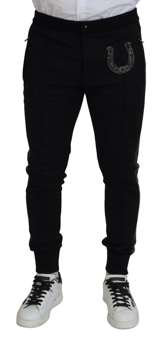 Dolce & Gabbana Black Wool Horseshoe Jogger Pants Dolce & Gabbana