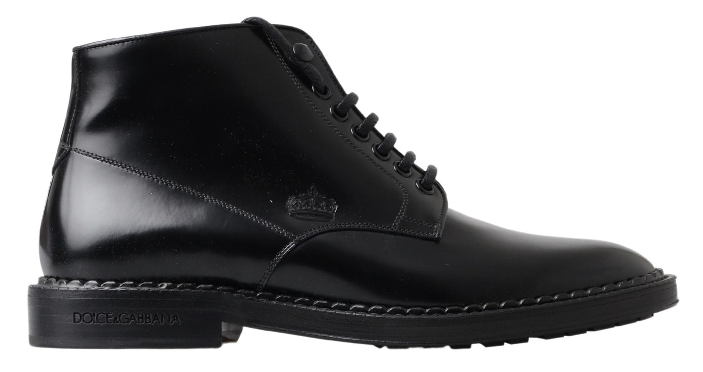 Dolce & Gabbana Black Leather Men Short Boots Lace Up Shoes Dolce & Gabbana