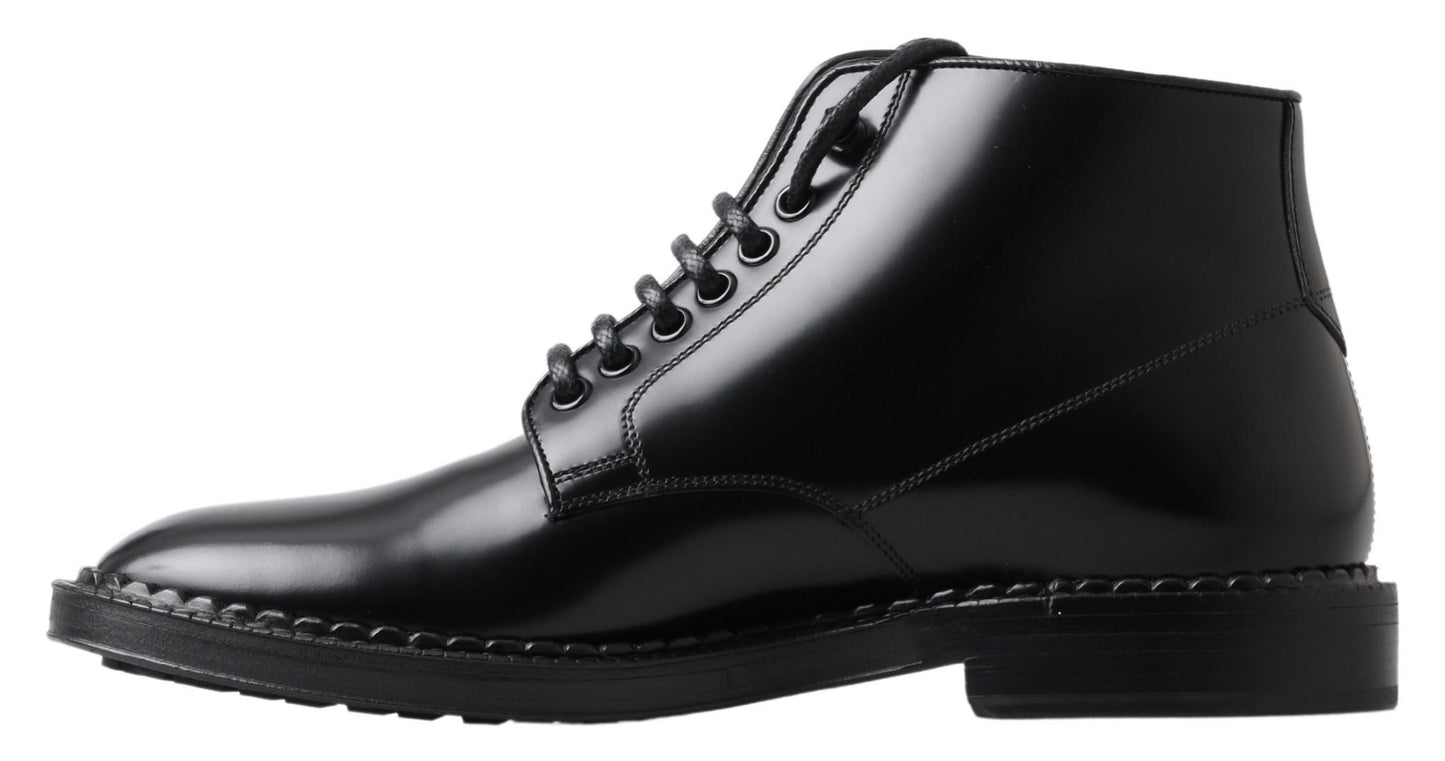 Dolce & Gabbana Black Leather Men Short Boots Lace Up Shoes Dolce & Gabbana