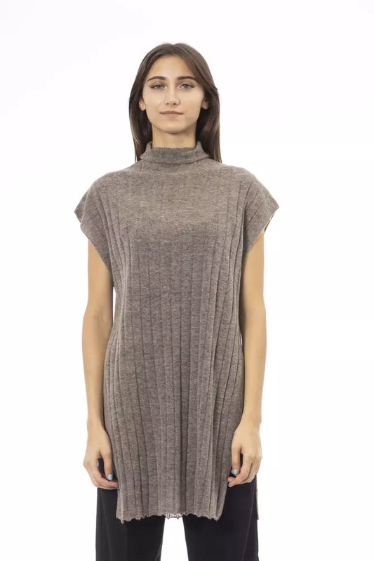 Alpha Studio Brown Wool Women Sweater with Turtleneck and Side Slits Alpha Studio