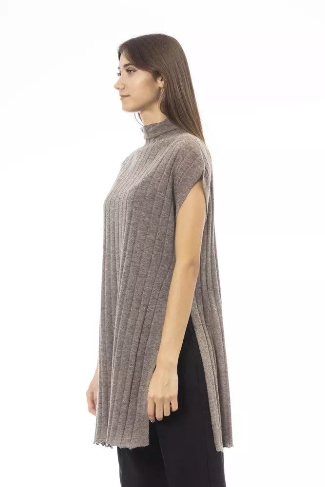 Alpha Studio Brown Wool Women Sweater with Turtleneck and Side Slits Alpha Studio