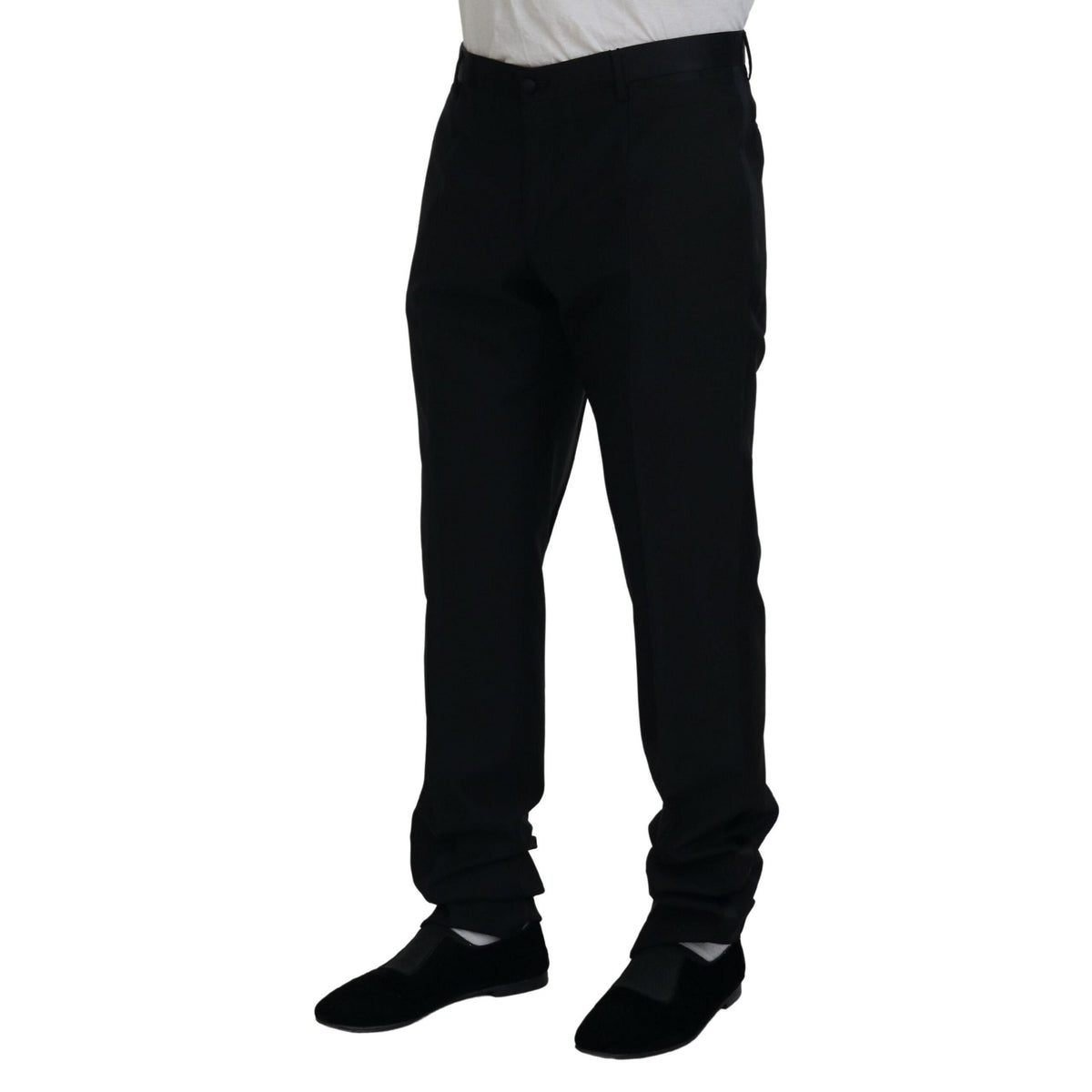 Dolce & Gabbana black wool silk trouser pants with tailored fit and classic style, shown on a model.