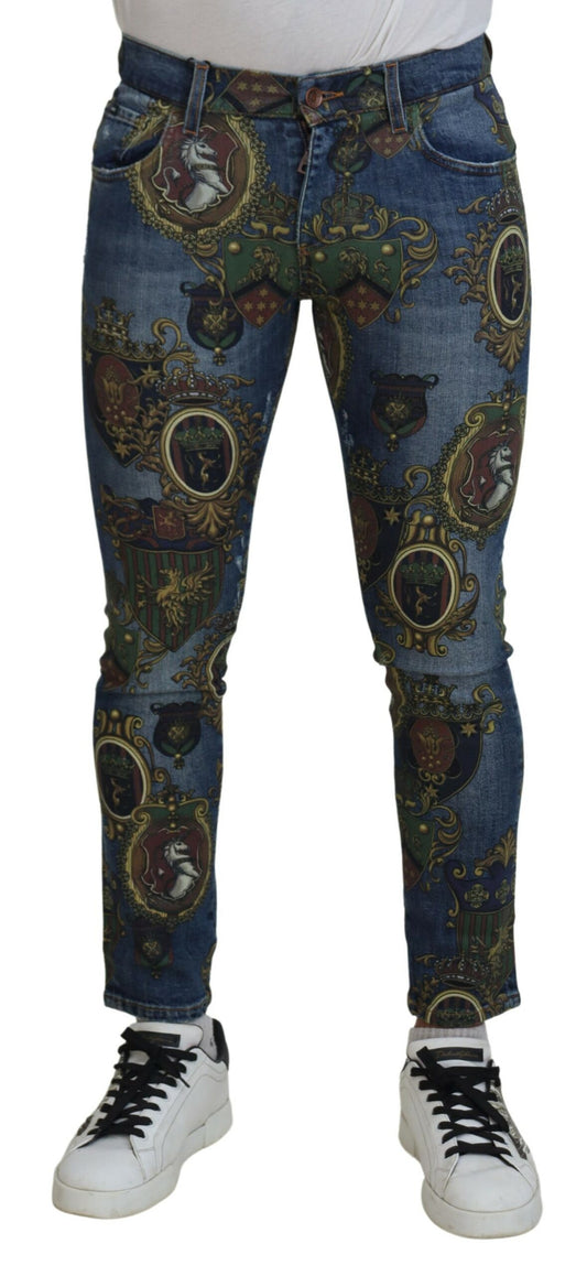 Dolce & Gabbana Blue Medal Print Slim Fit Cotton Jeans Dolce & Gabbana