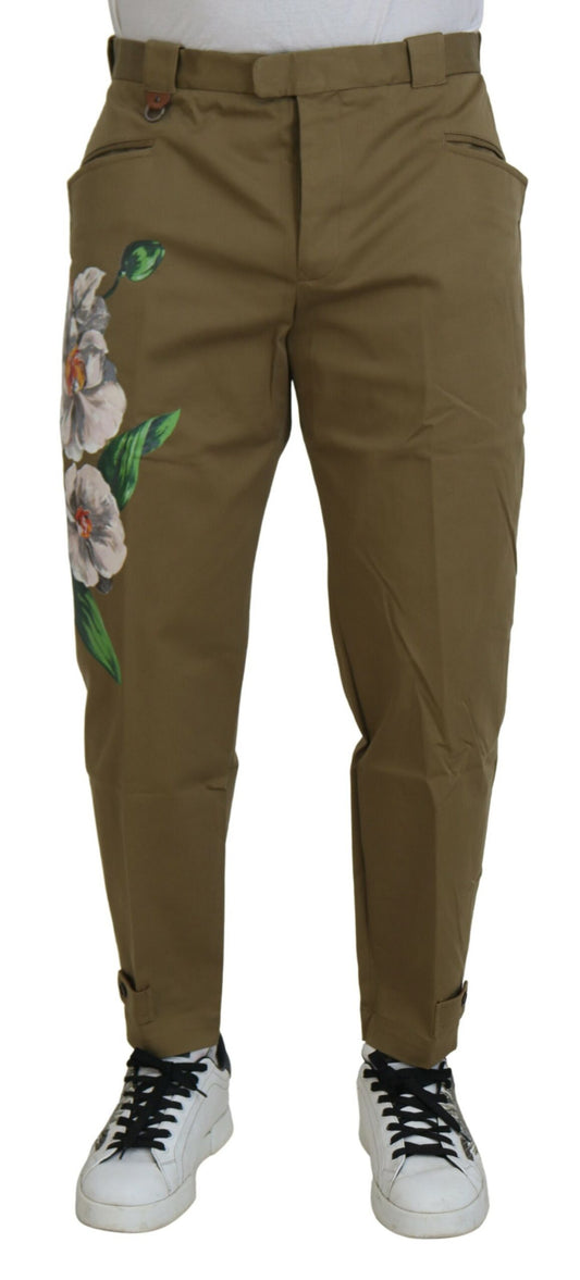 Dolce & Gabbana Beige Cotton Stretch Floral Chinos Pants Dolce & Gabbana