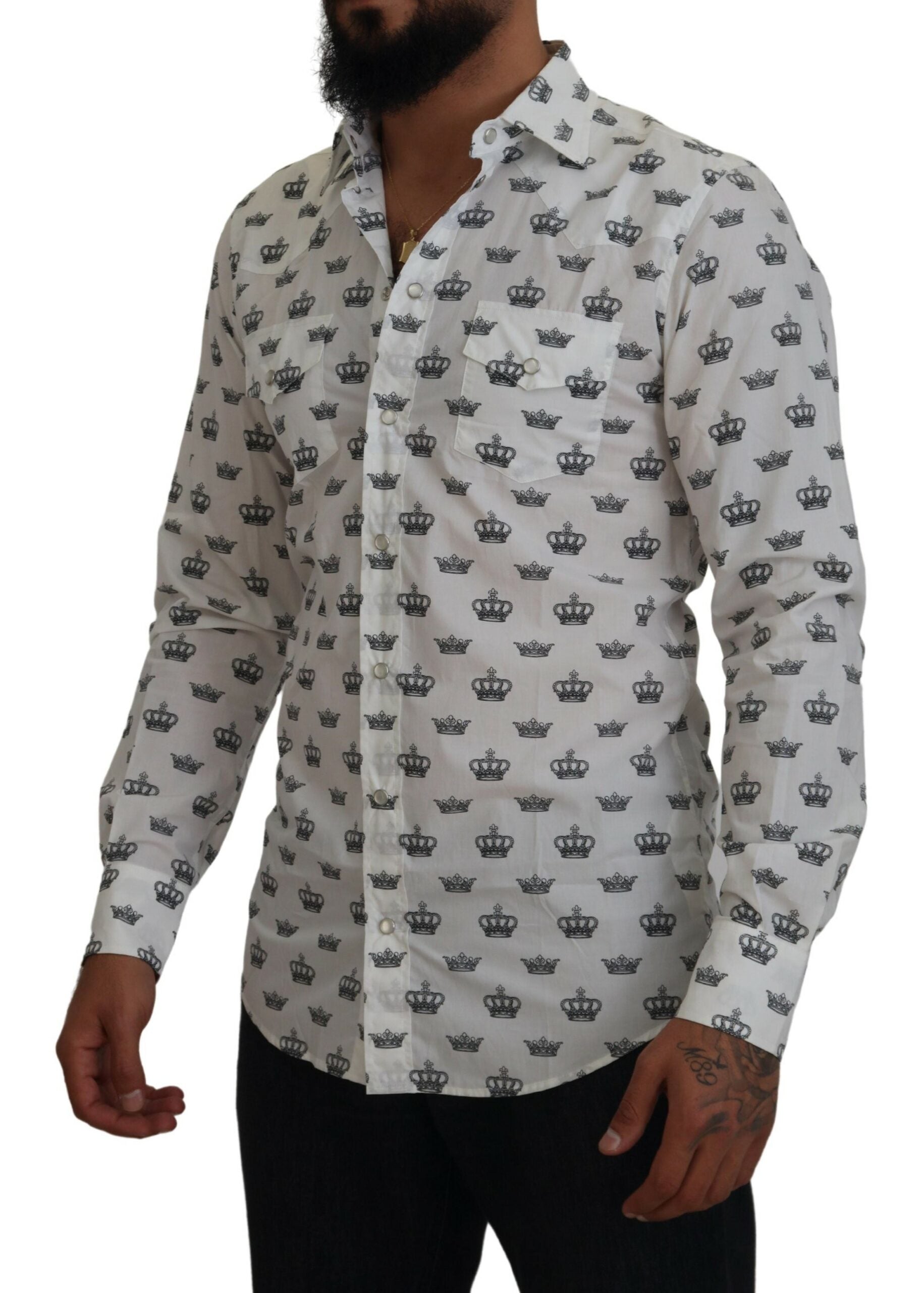Dolce & Gabbana White Crown Print Slim Fit Cotton Shirt Dolce & Gabbana