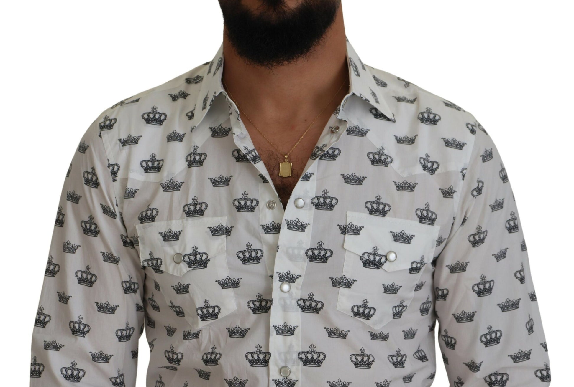 Dolce & Gabbana White Crown Print Slim Fit Cotton Shirt Dolce & Gabbana