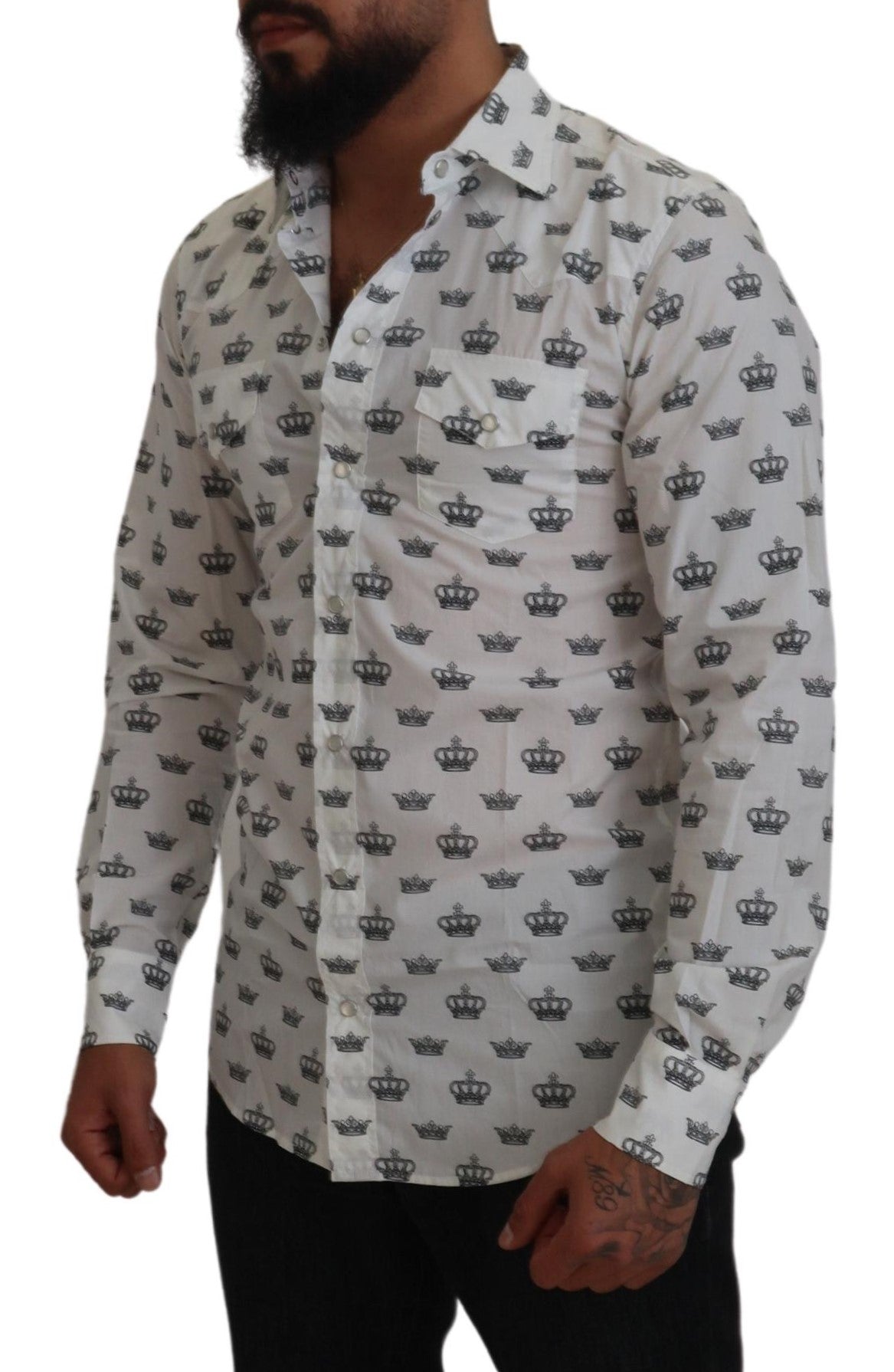 Dolce & Gabbana White Crown Print Slim Fit Cotton Shirt Dolce & Gabbana
