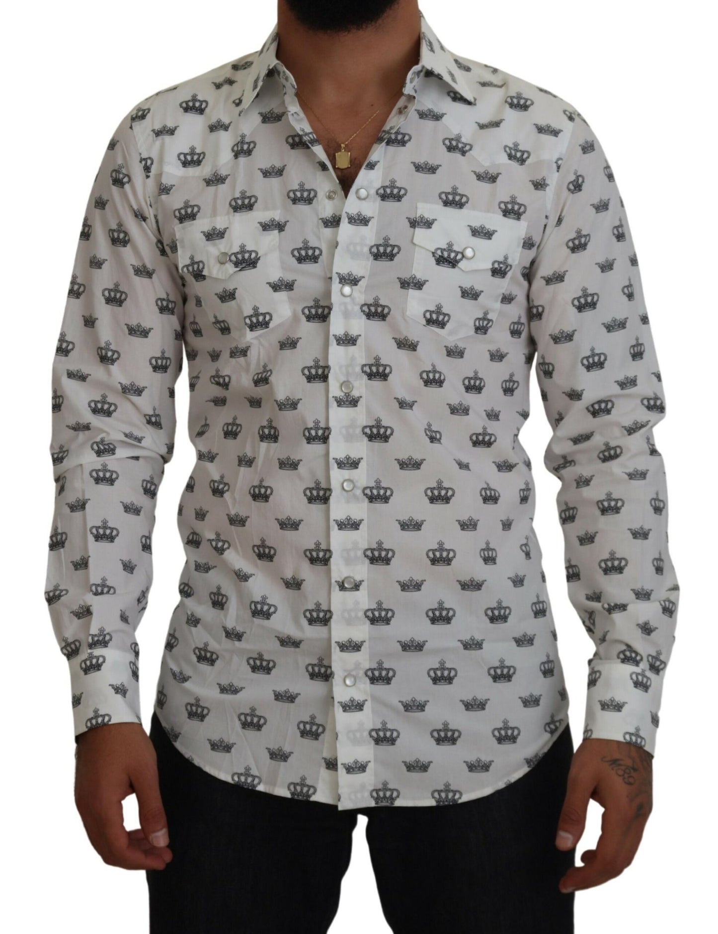 Dolce & Gabbana White Crown Print Slim Fit Cotton Shirt Dolce & Gabbana
