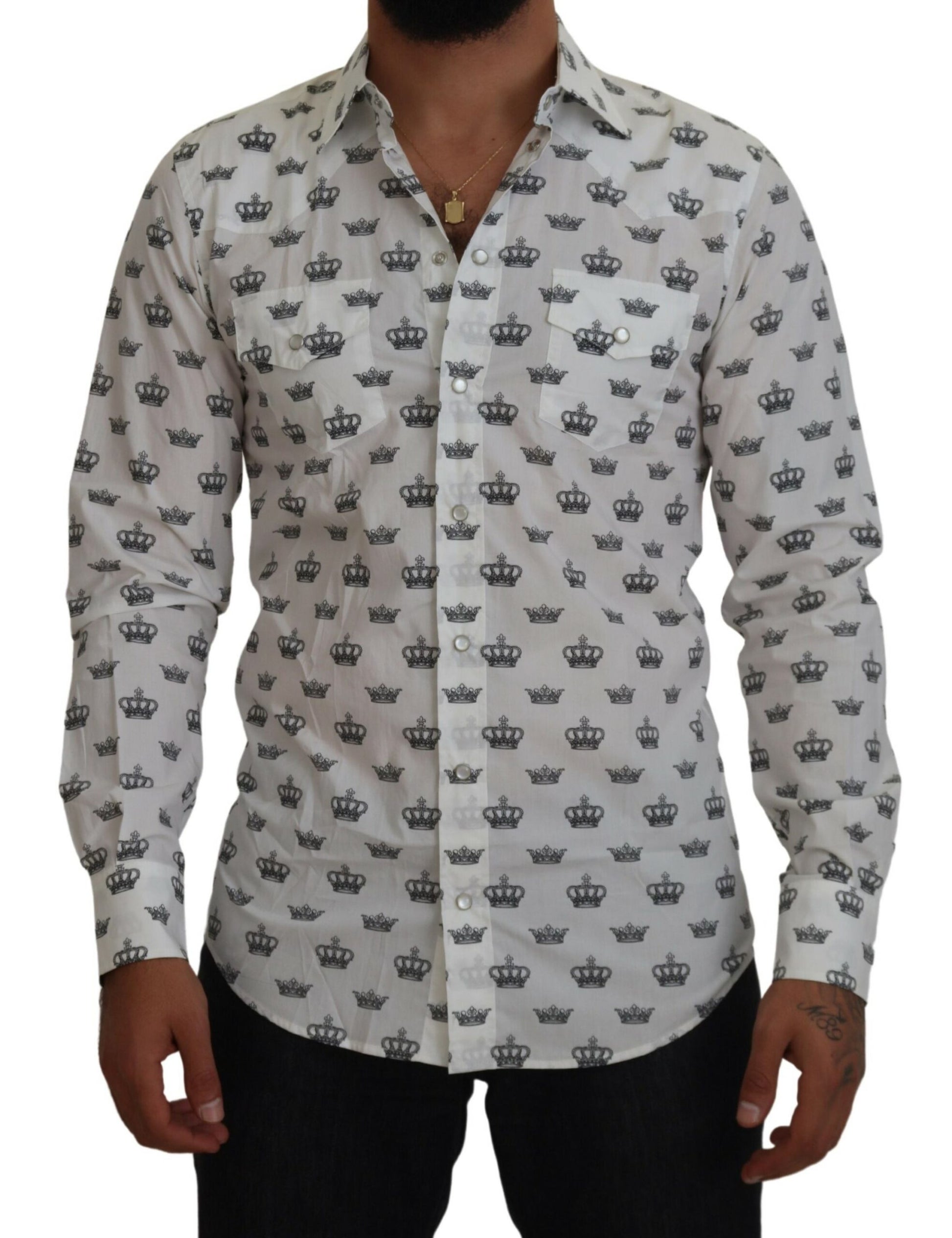 Dolce & Gabbana White Crown Print Slim Fit Cotton Shirt Dolce & Gabbana
