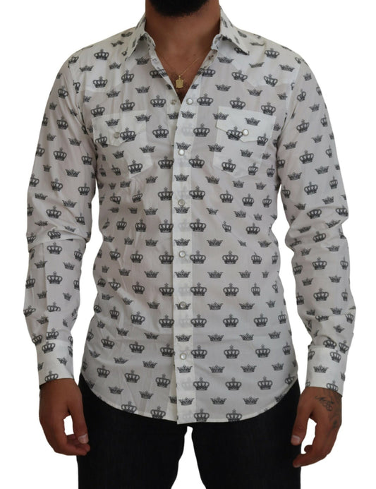 Dolce & Gabbana White Crown Print Slim Fit Cotton Shirt Dolce & Gabbana