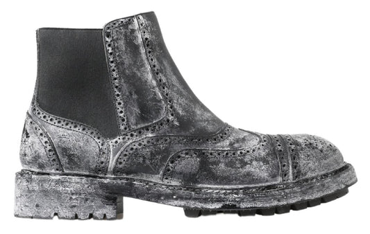 Dolce & Gabbana Black Gray Leather Ankle Boots Dolce & Gabbana