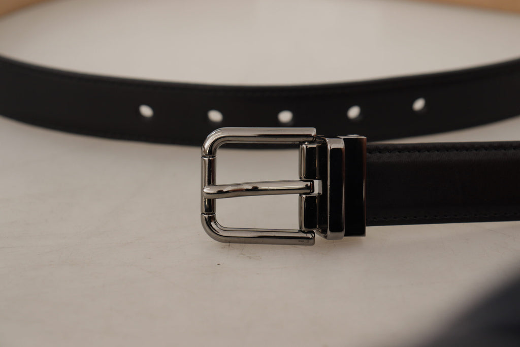 Dolce & Gabbana Black Calf Leather Logo Engraved Metal Buckle Belt - Eljoys Fashion 