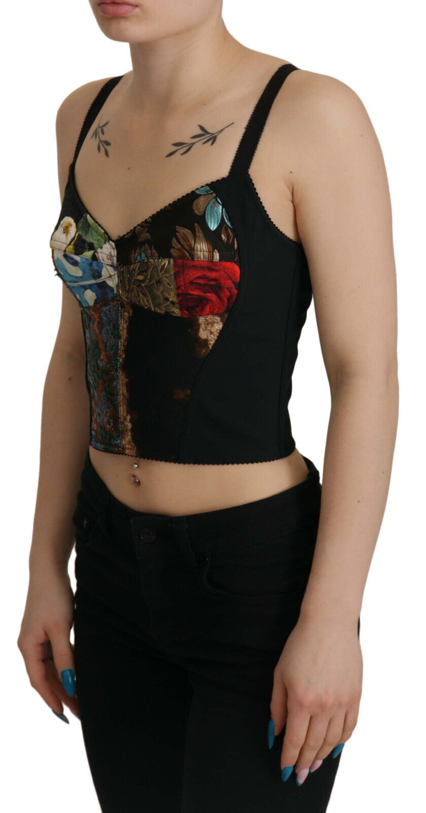 Dolce & Gabbana Black Patchwork Sicily Blouse Corset Cropped Top Dolce & Gabbana