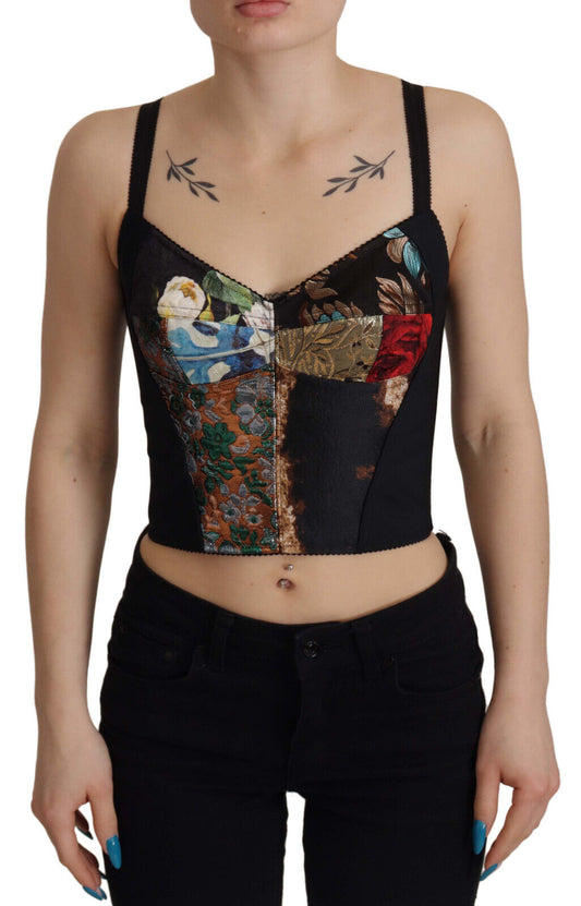 Dolce & Gabbana Black Patchwork Sicily Blouse Corset Cropped Top Dolce & Gabbana