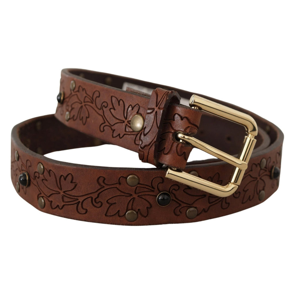 Dolce & Gabbana Brown Leather Floral Studded Metal Buckle Belt