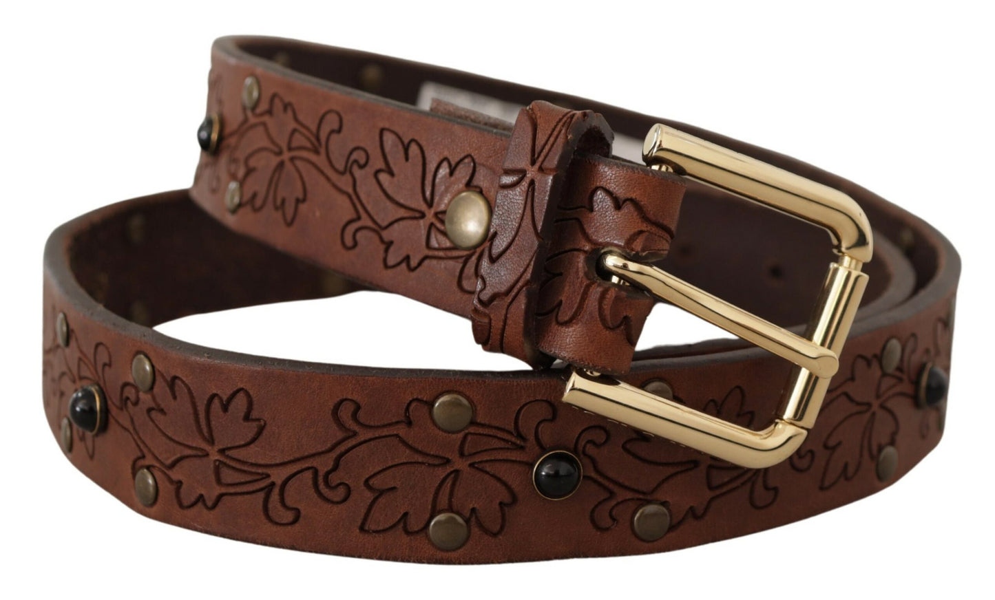 Dolce & Gabbana Brown Leather Floral Studded Metal Buckle Belt Dolce & Gabbana