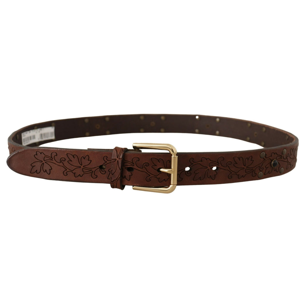 Dolce & Gabbana Brown Leather Floral Studded Metal Buckle Belt