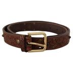 Dolce & Gabbana Brown Leather Floral Studded Metal Buckle Belt