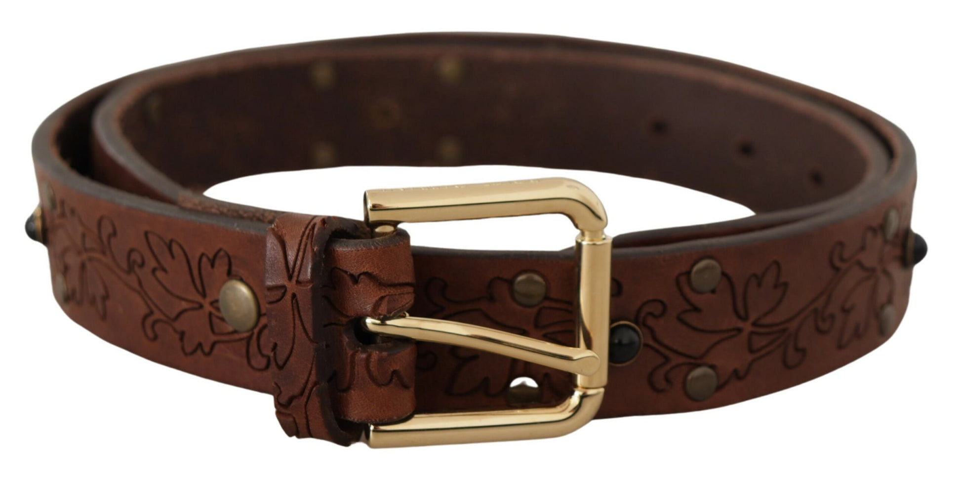 Dolce & Gabbana Brown Leather Floral Studded Metal Buckle Belt Dolce & Gabbana