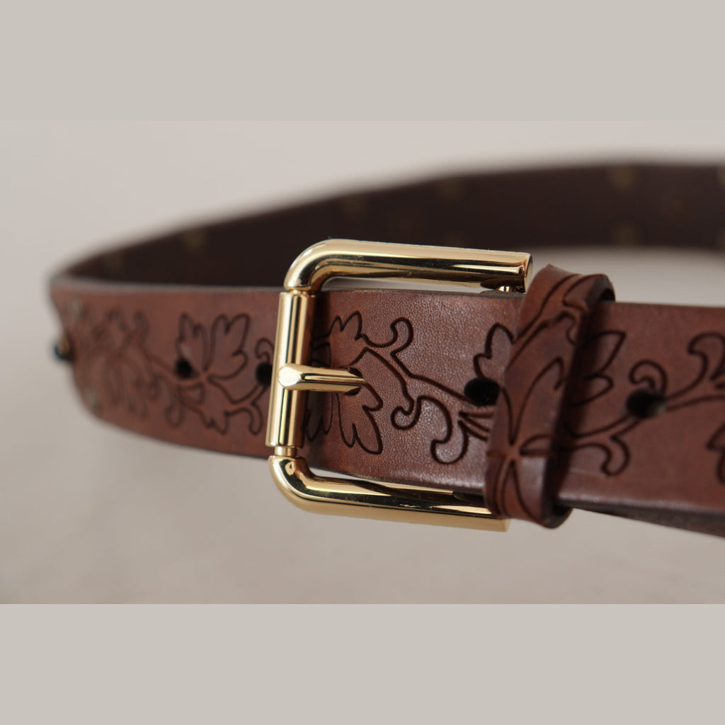 Dolce & Gabbana Brown Leather Floral Studded Metal Buckle Belt