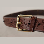 Dolce & Gabbana Brown Leather Floral Studded Metal Buckle Belt