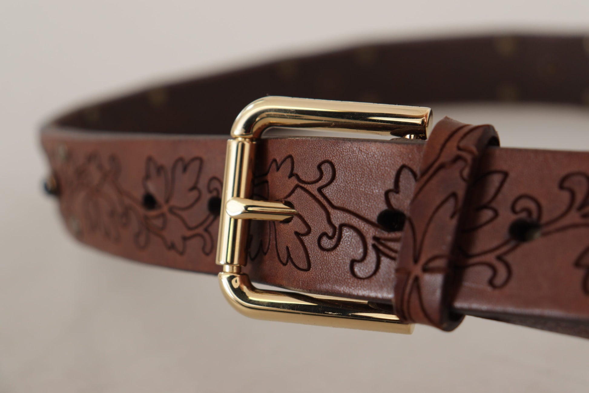 Dolce & Gabbana Brown Leather Floral Studded Metal Buckle Belt Dolce & Gabbana