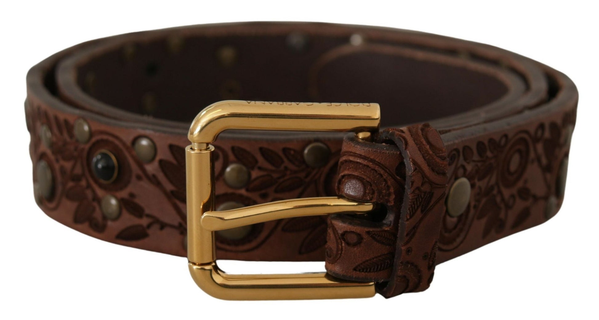 Dolce & Gabbana Brown Calf Leather Embossed Gold Metal Buckle Dolce & Gabbana