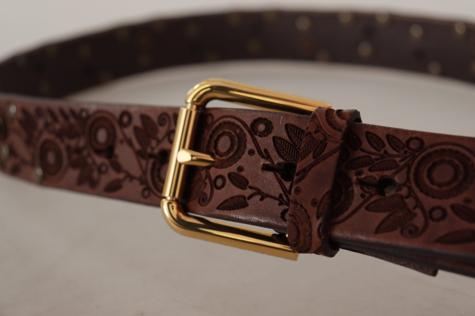 Dolce & Gabbana Brown Calf Leather Embossed Gold Metal Buckle Dolce & Gabbana
