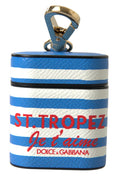 Dolce & Gabbana Blue Stripe Dauphine Leather Logo Print Airpod Case - Eljoys Fashion 