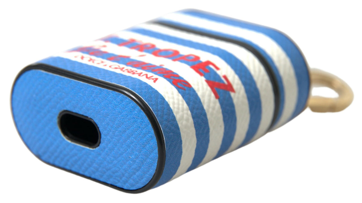 Dolce & Gabbana Blue Stripe Dauphine Leather Logo Print Airpod Case - Eljoys Fashion 