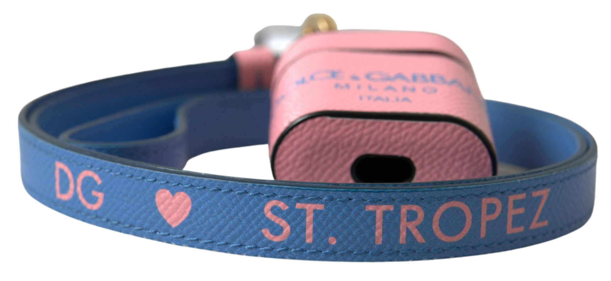 Dolce & Gabbana Pink Blue Calf Leather Logo Print Strap Airpods Case Dolce & Gabbana
