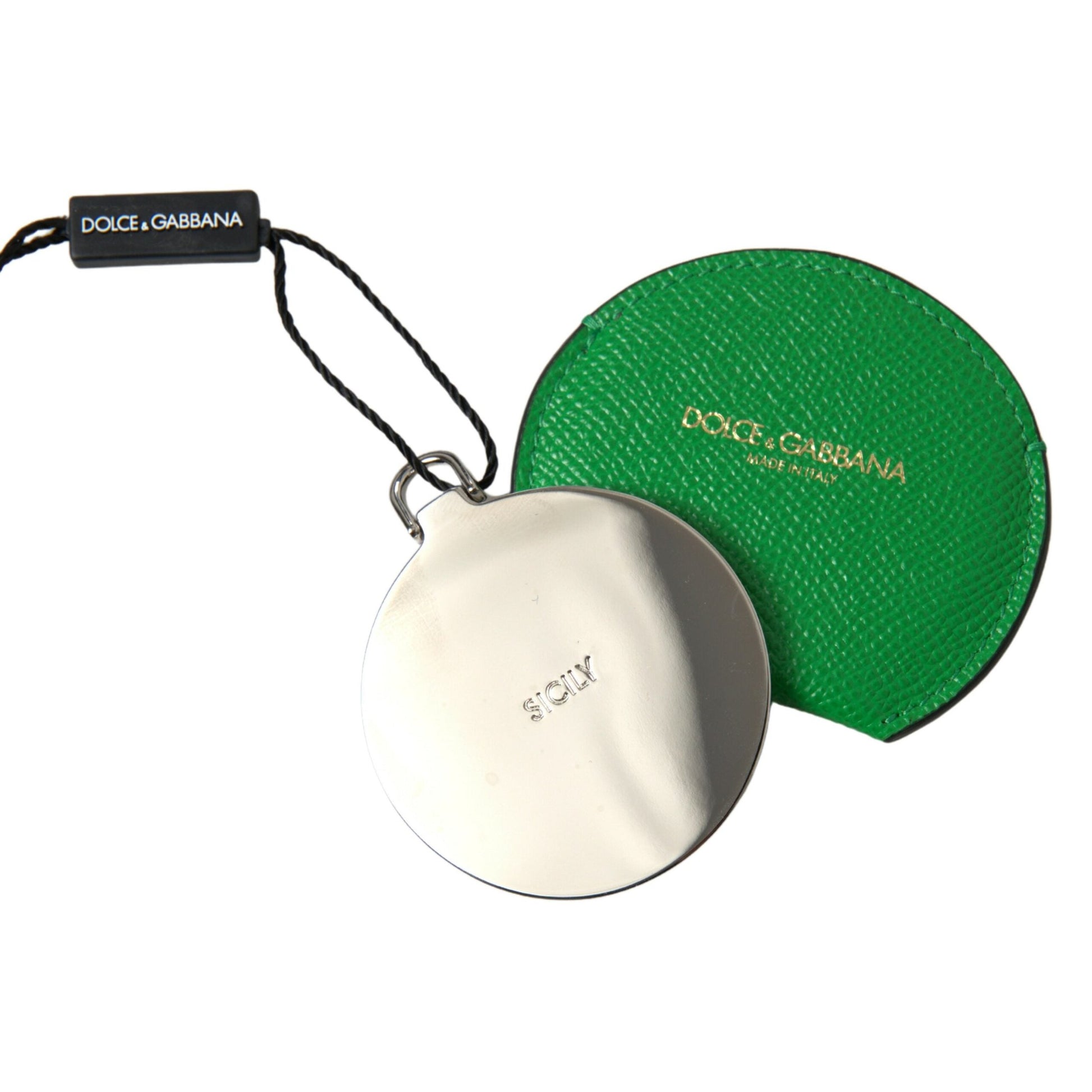 Dolce & Gabbana Green Calfskin Leather Round Logo Hand Mirror Holder