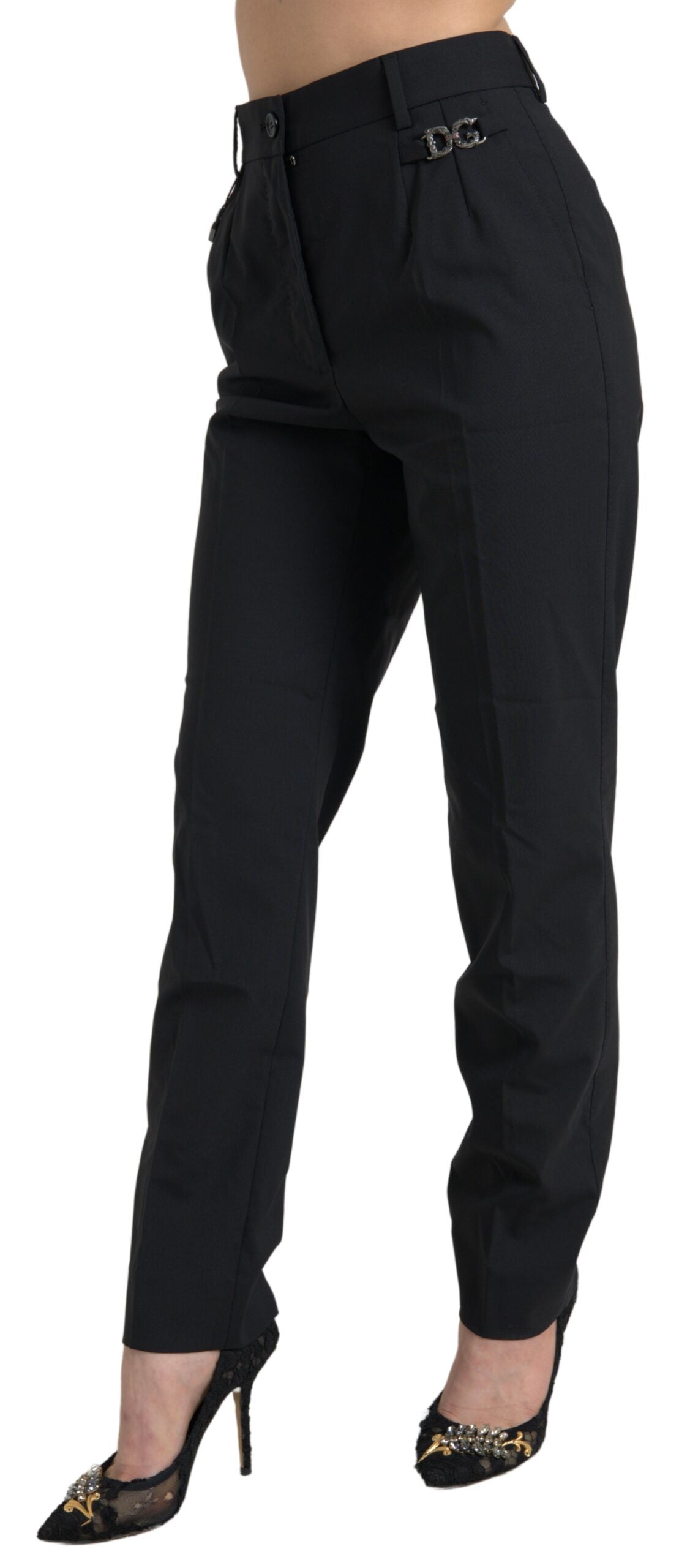 Dolce & Gabbana Black Wool High Waist Tapered Pants - Eljoys Fashion 