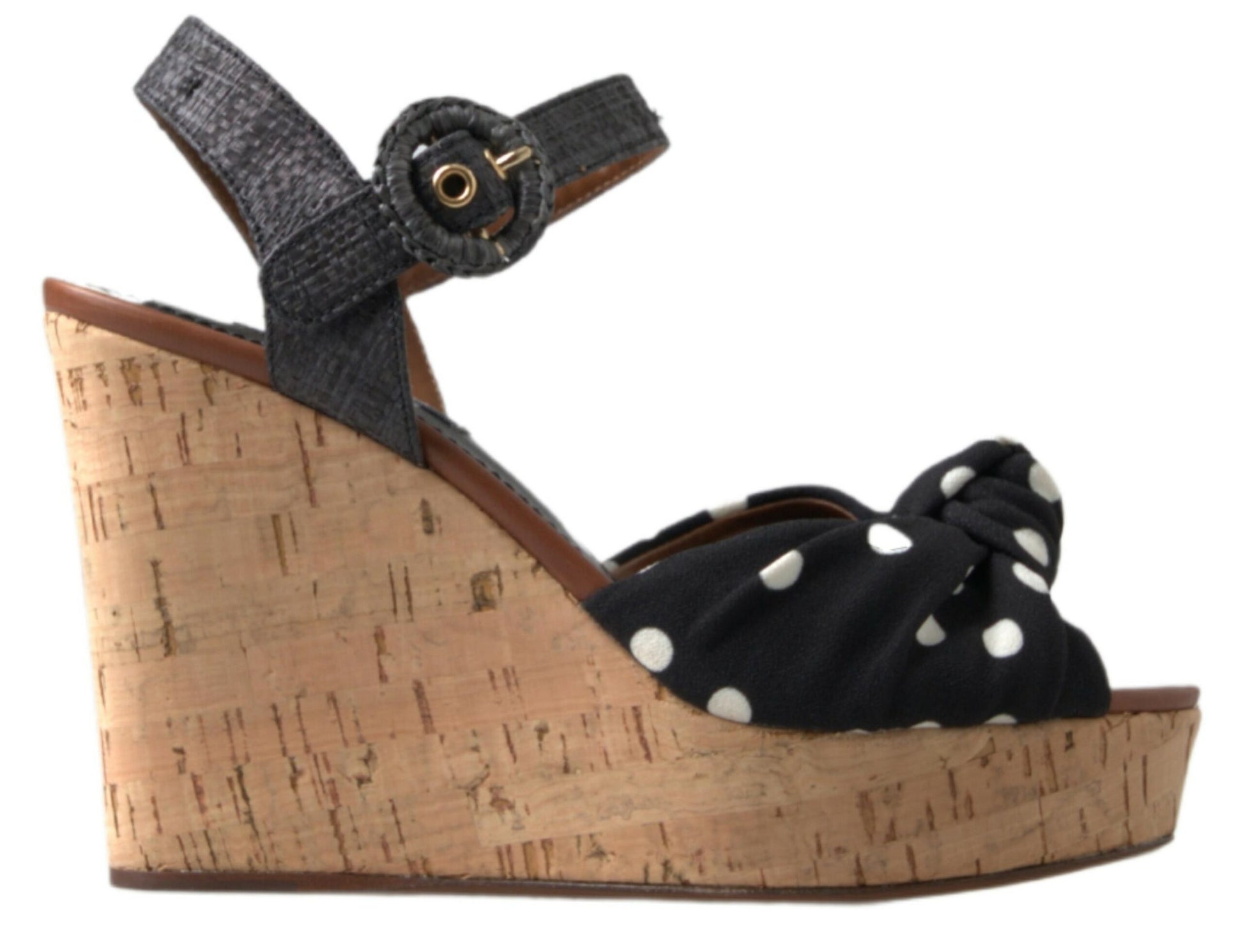 Dolce & Gabbana Black Wedges Polka Dotted Ankle Strap Shoes Sandals