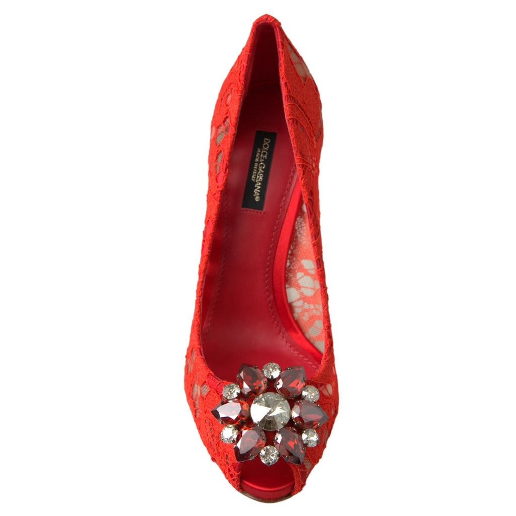 Dolce & Gabbana Red Taormina Lace Crystal Heels Pumps Shoes