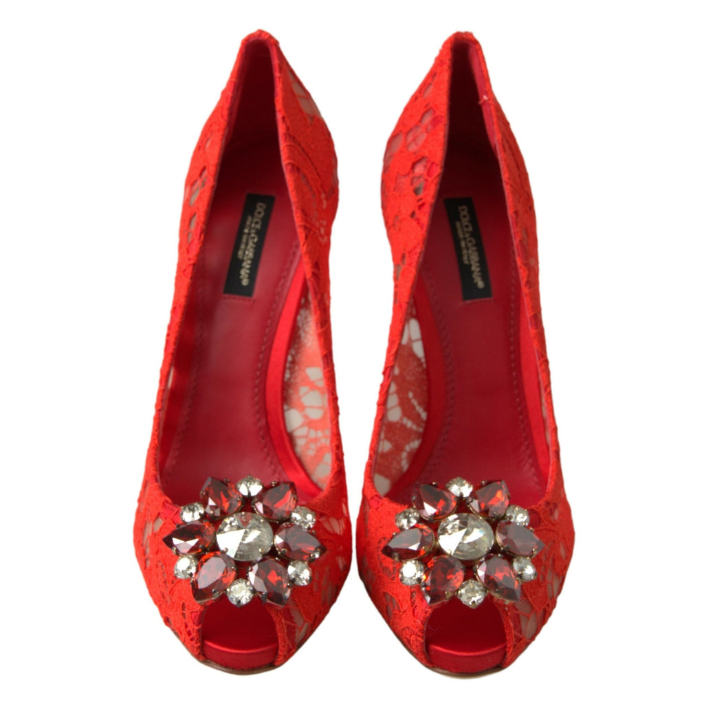 Dolce & Gabbana Red Taormina Lace Crystal Heels Pumps Shoes
