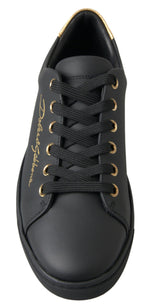 Dolce & Gabbana black leather and gold accents classic sneakers showing stylish design and textured sole.