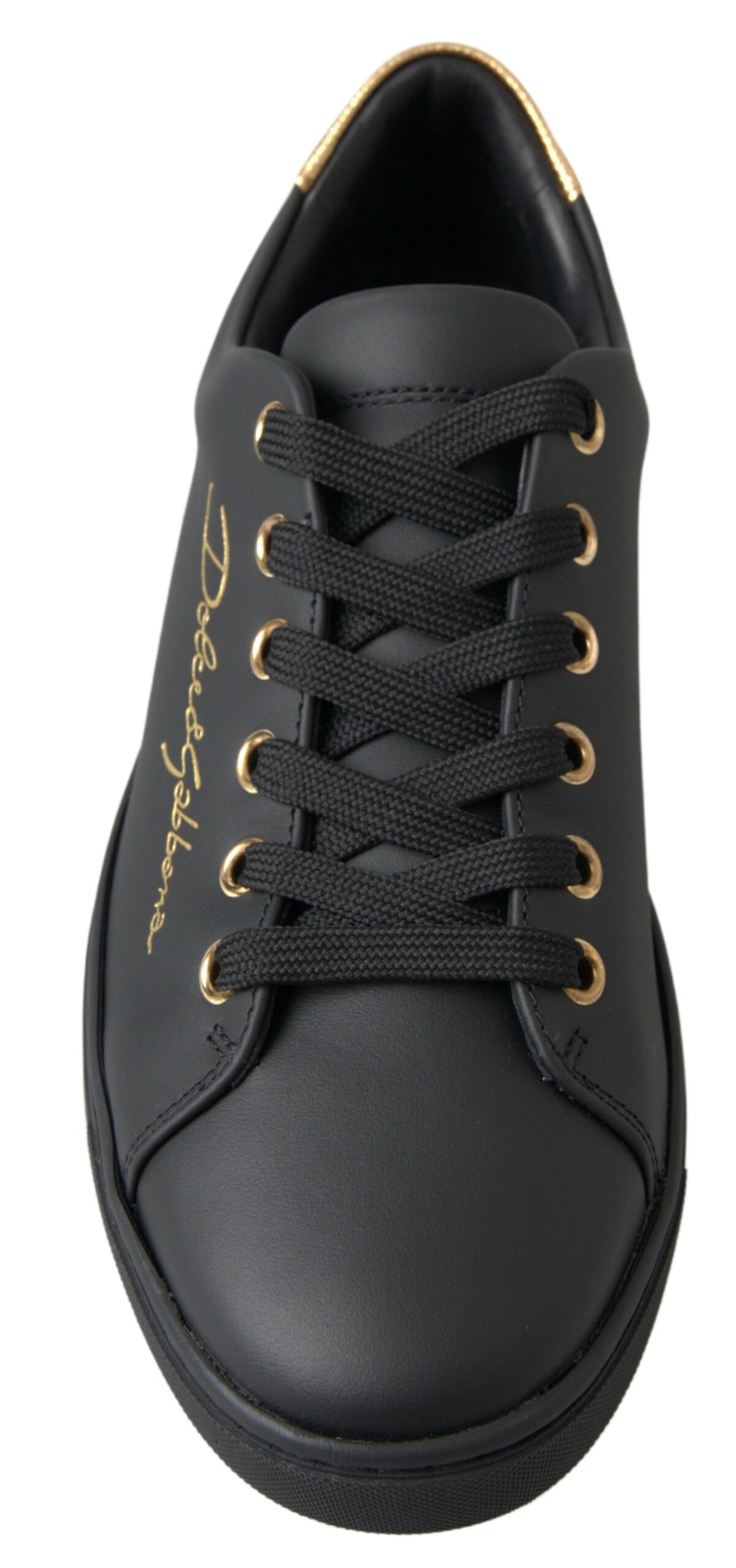 Dolce & Gabbana black leather and gold accents classic sneakers showing stylish design and textured sole.