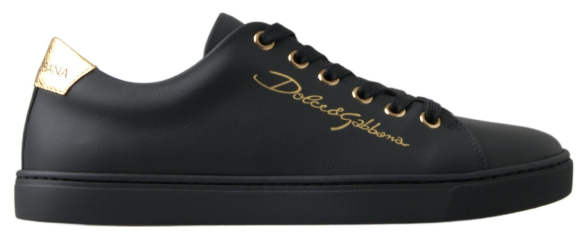 Dolce & Gabbana black and gold leather classic sneakers with stylish design and comfortable fit.