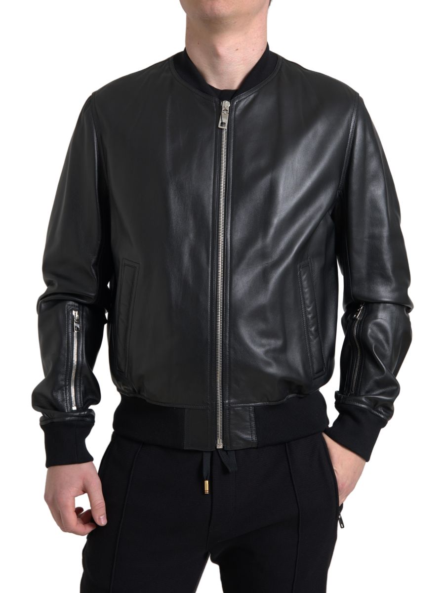 Dolce & Gabbana Black Leather Full Zip Bomber Men Jacket