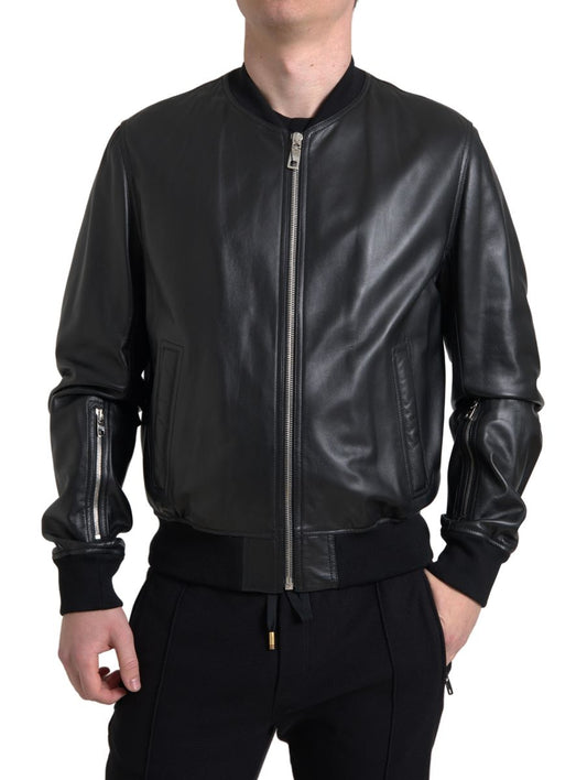 Dolce & Gabbana Black Leather Full Zip Bomber Men Jacket Dolce & Gabbana