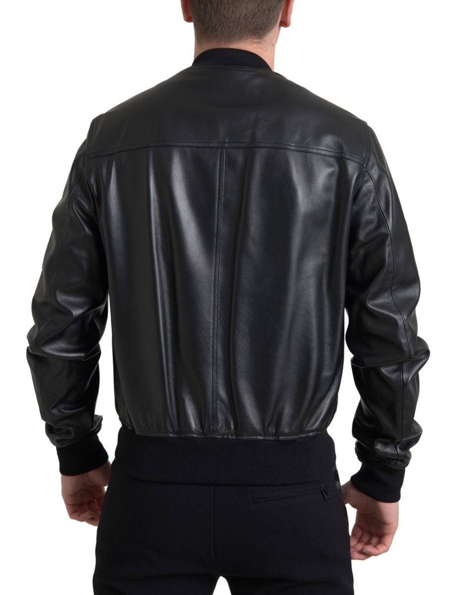 Dolce & Gabbana Black Leather Full Zip Bomber Men Jacket