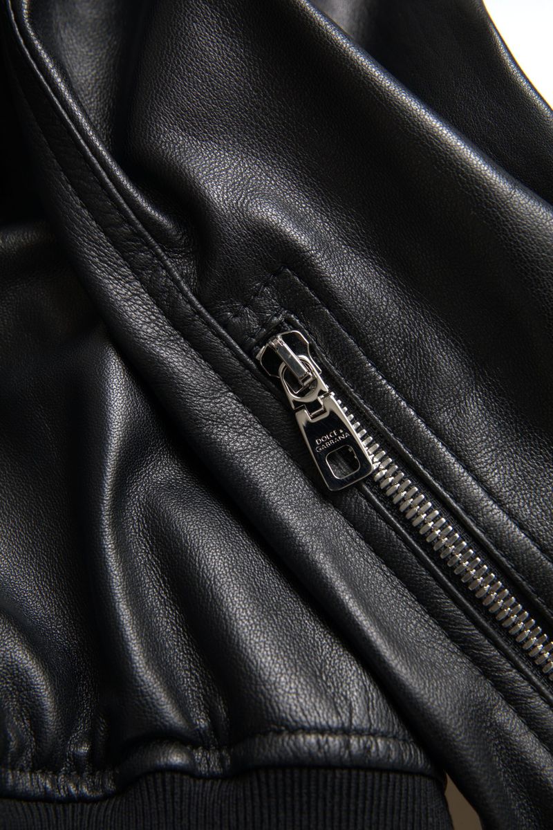 Dolce & Gabbana Black Leather Full Zip Bomber Men Jacket