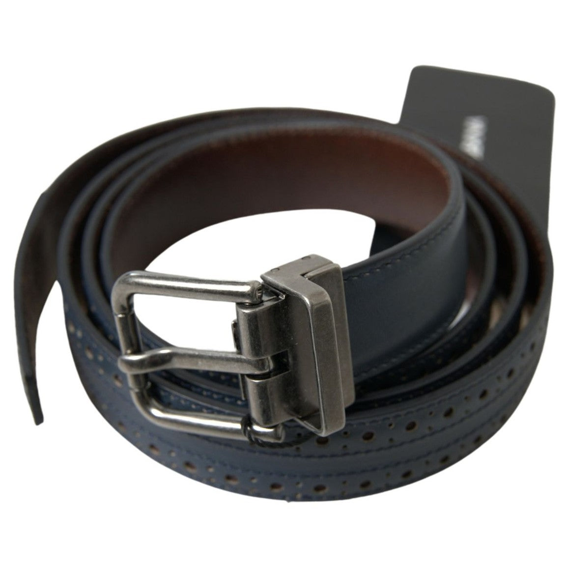 Dolce & Gabbana Blue Leather Perforated Metal Buckle Belt Dolce & Gabbana