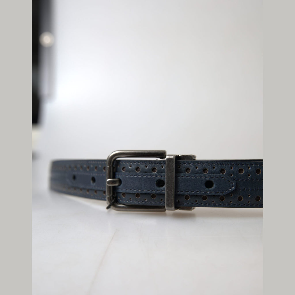 Dolce & Gabbana Blue Leather Perforated Metal Buckle Belt