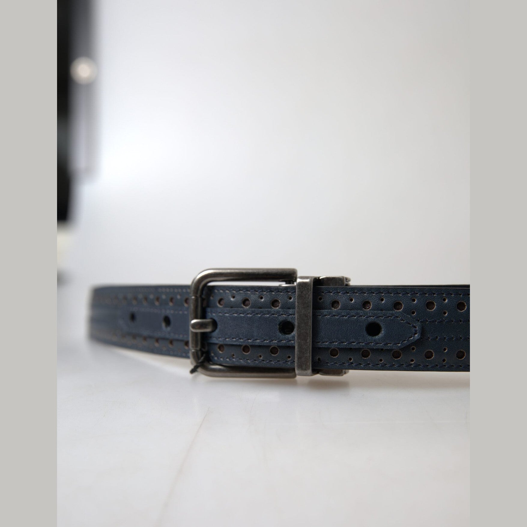 Dolce & Gabbana Blue Leather Perforated Metal Buckle Belt Dolce & Gabbana